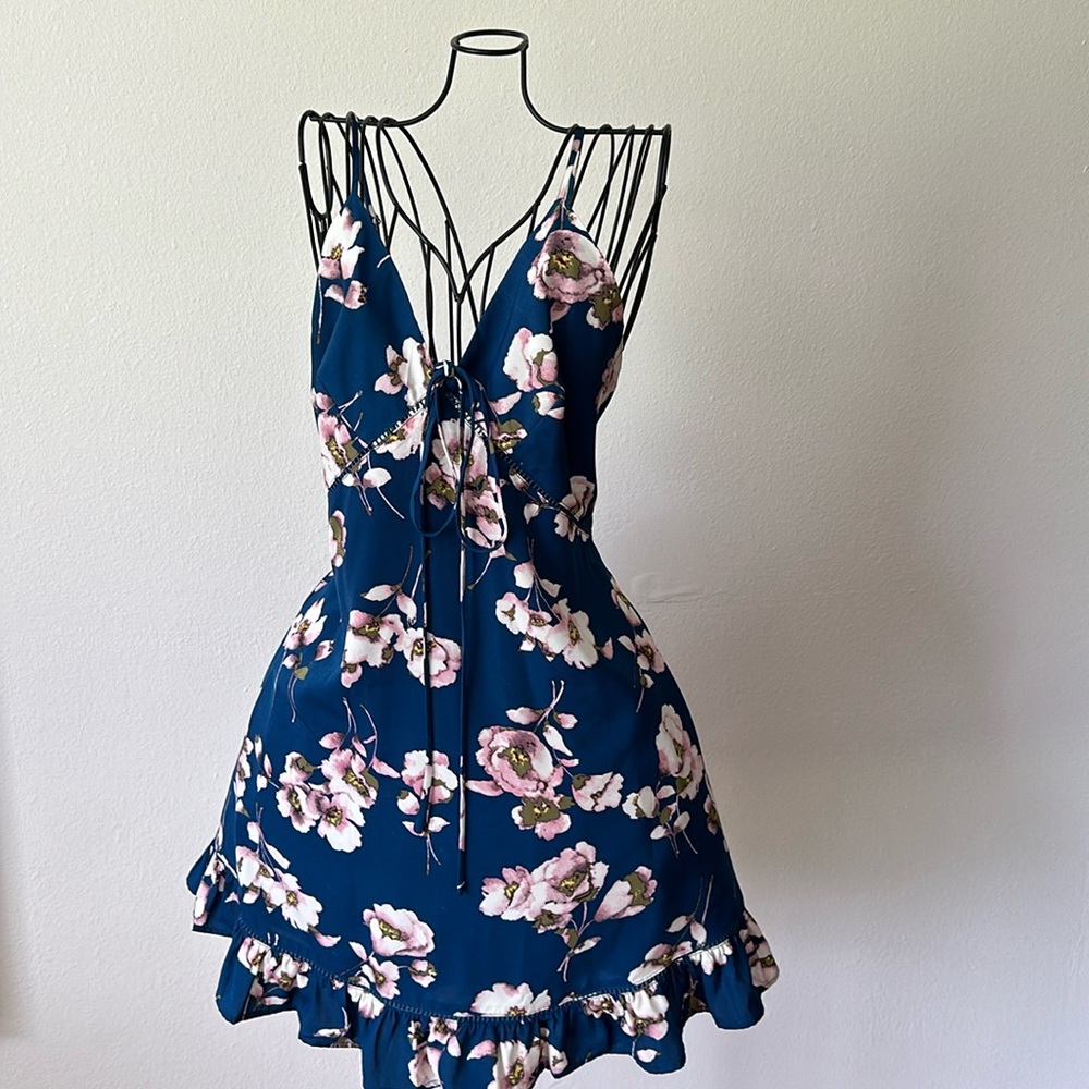 Blue with pink flowered ruffle bottom sugar lips dress.